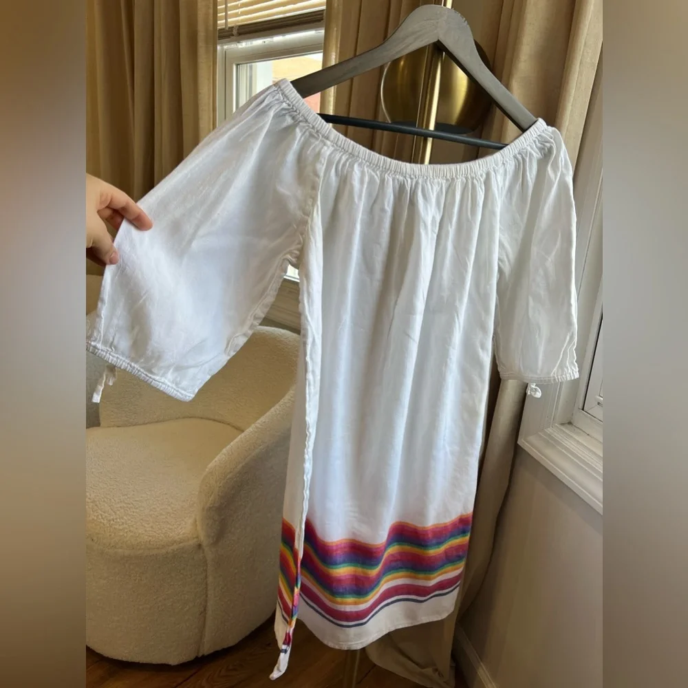 J Crew Linen Midi Dress White Rainbow Stripe | Large - Picture 4 of 10